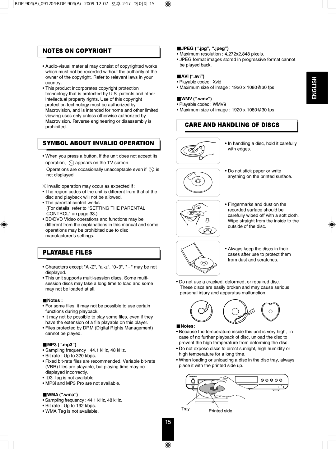 Sherwood BDP-904 manual Playable Files, CARE and Handling of DIScS 