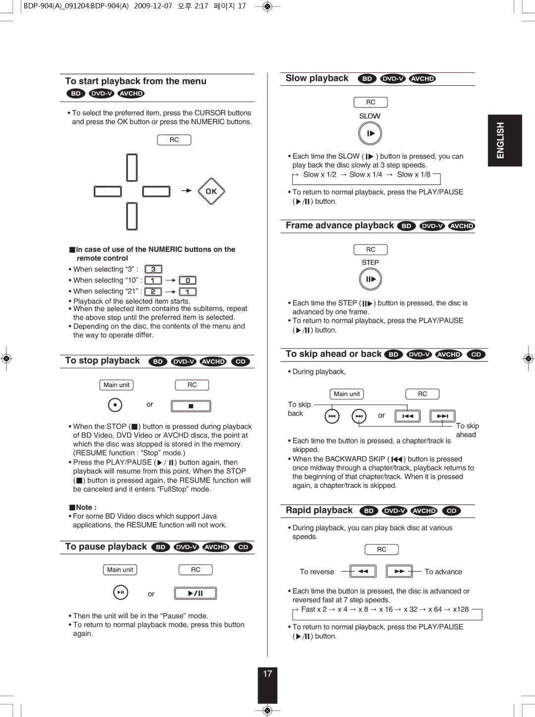 Sherwood BDP-904 manual To start playback from the menu, To stop playback, To pause playback, Slow playback, Rapid playback 