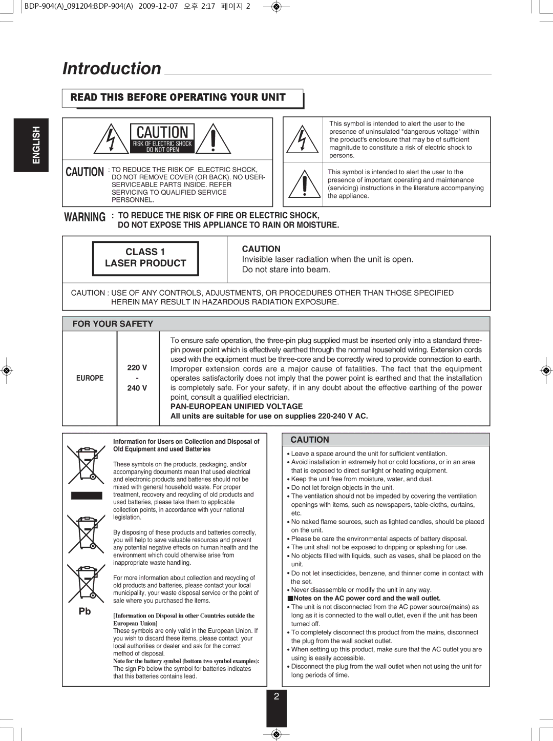 Sherwood BDP-904 manual Introduction, 220 240, All units are suitable for use on supplies 220-240 V AC 