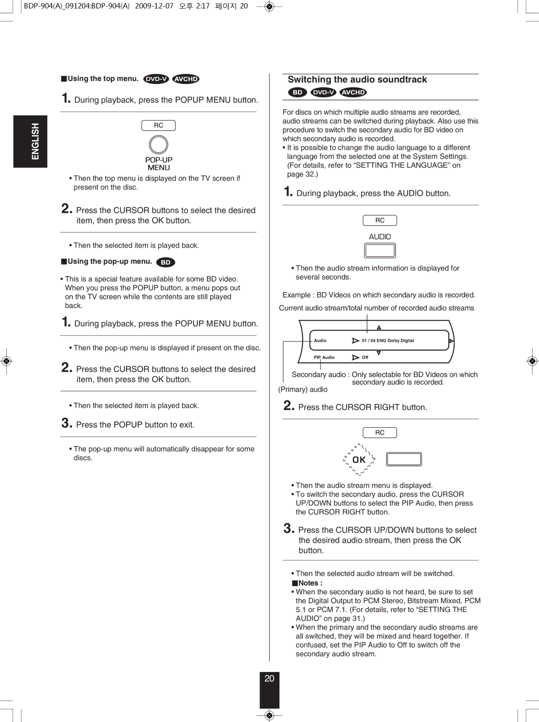 Sherwood BDP-904 manual Switching the audio soundtrack, During playback, press the Popup Menu button 