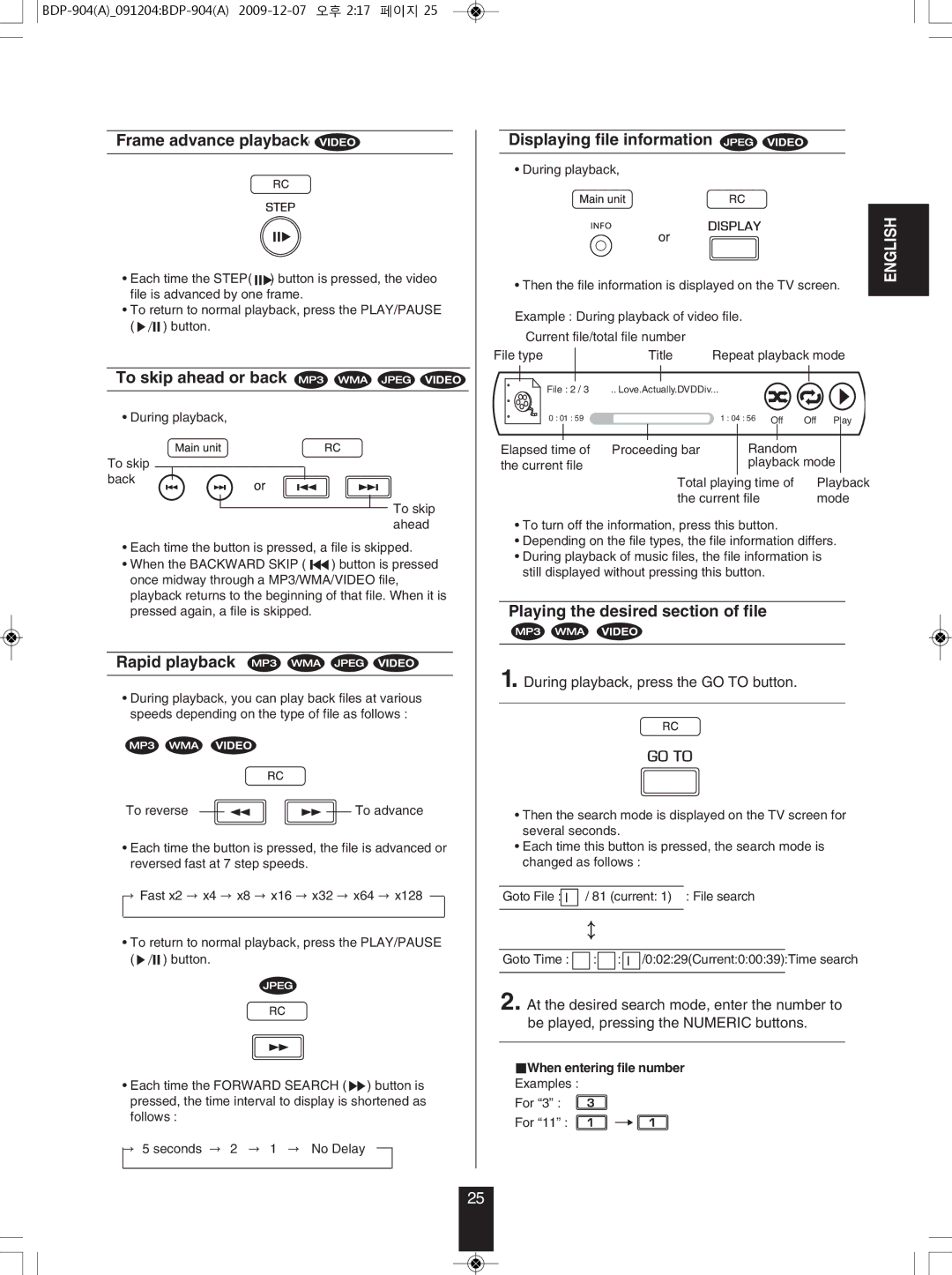 Sherwood BDP-904 manual Displaying file information, Playing the desired section of file, When entering file number 