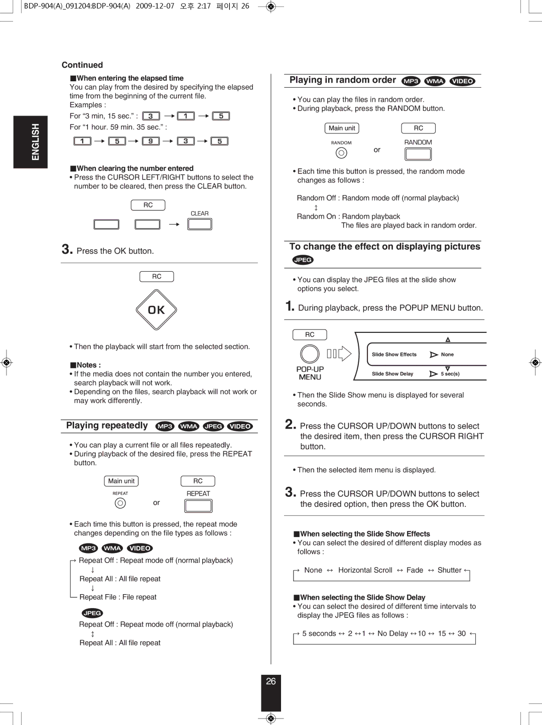 Sherwood BDP-904 manual To change the effect on displaying pictures, When clearing the number entered 