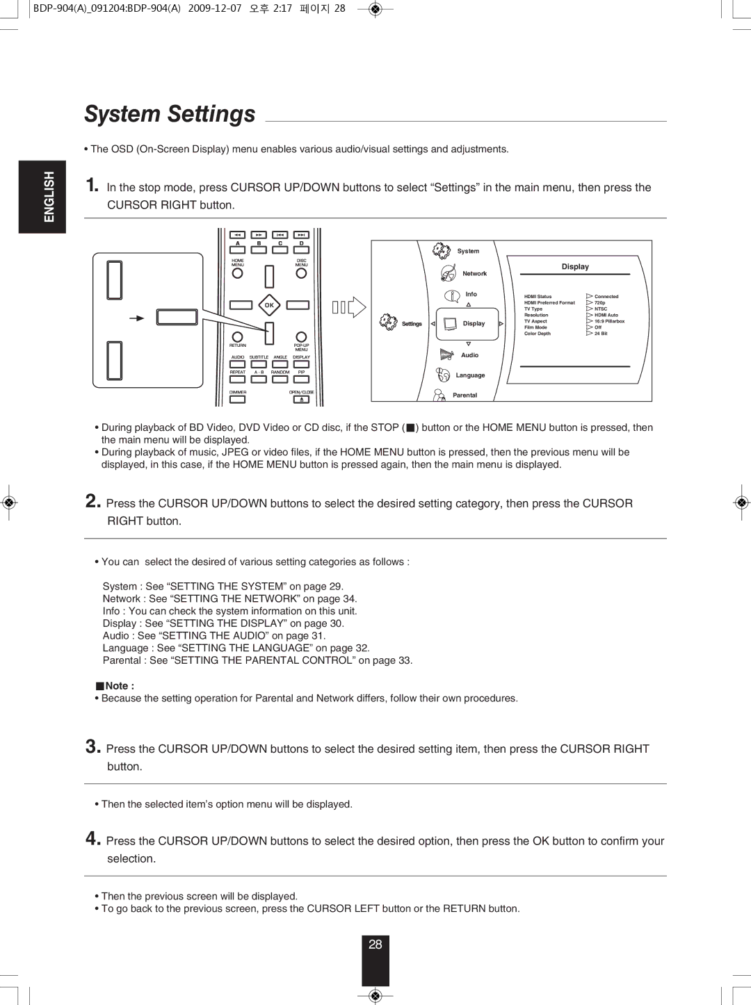 Sherwood BDP-904 manual System Settings, Display 