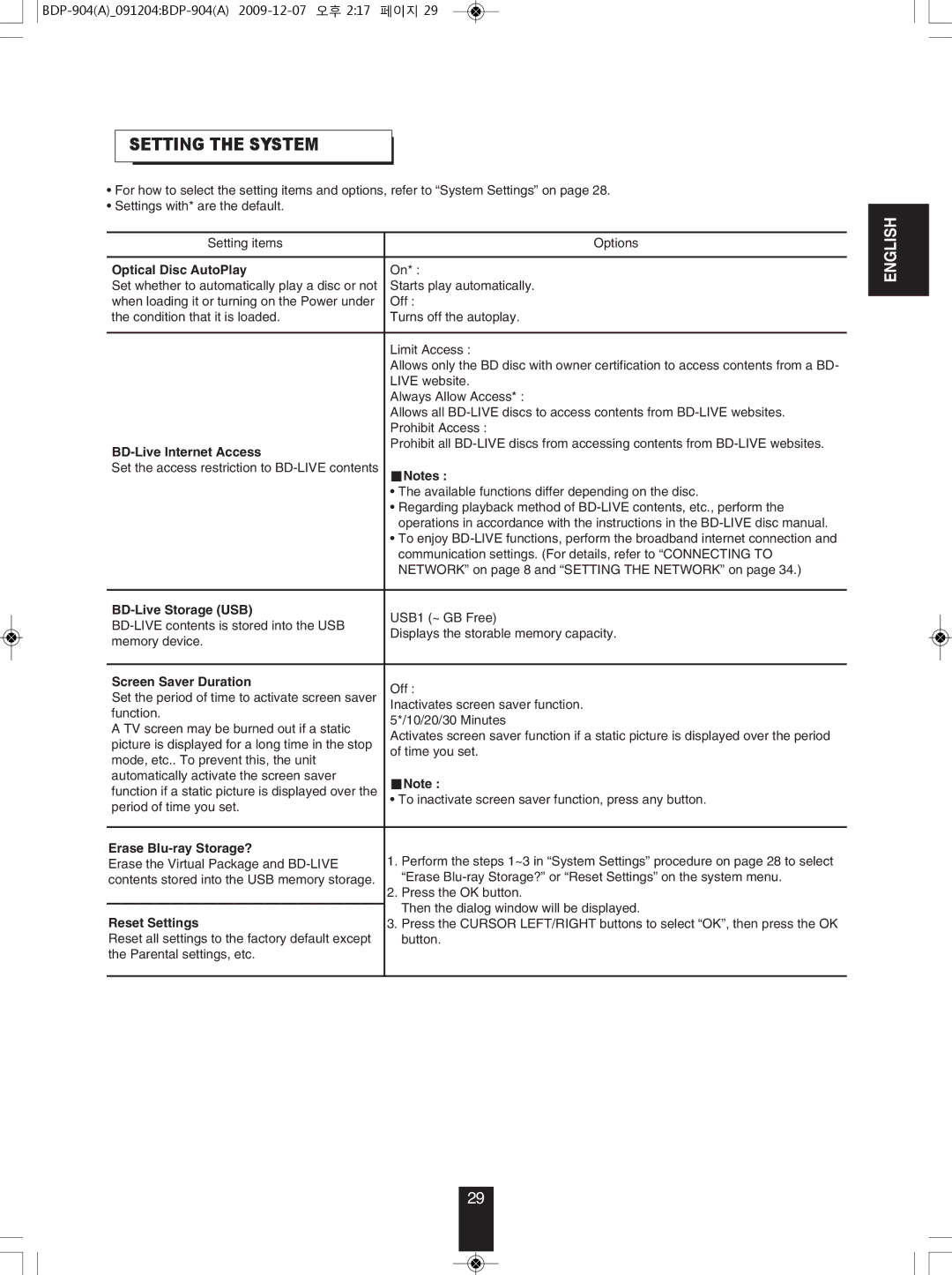 Sherwood BDP-904 manual Setting the System 