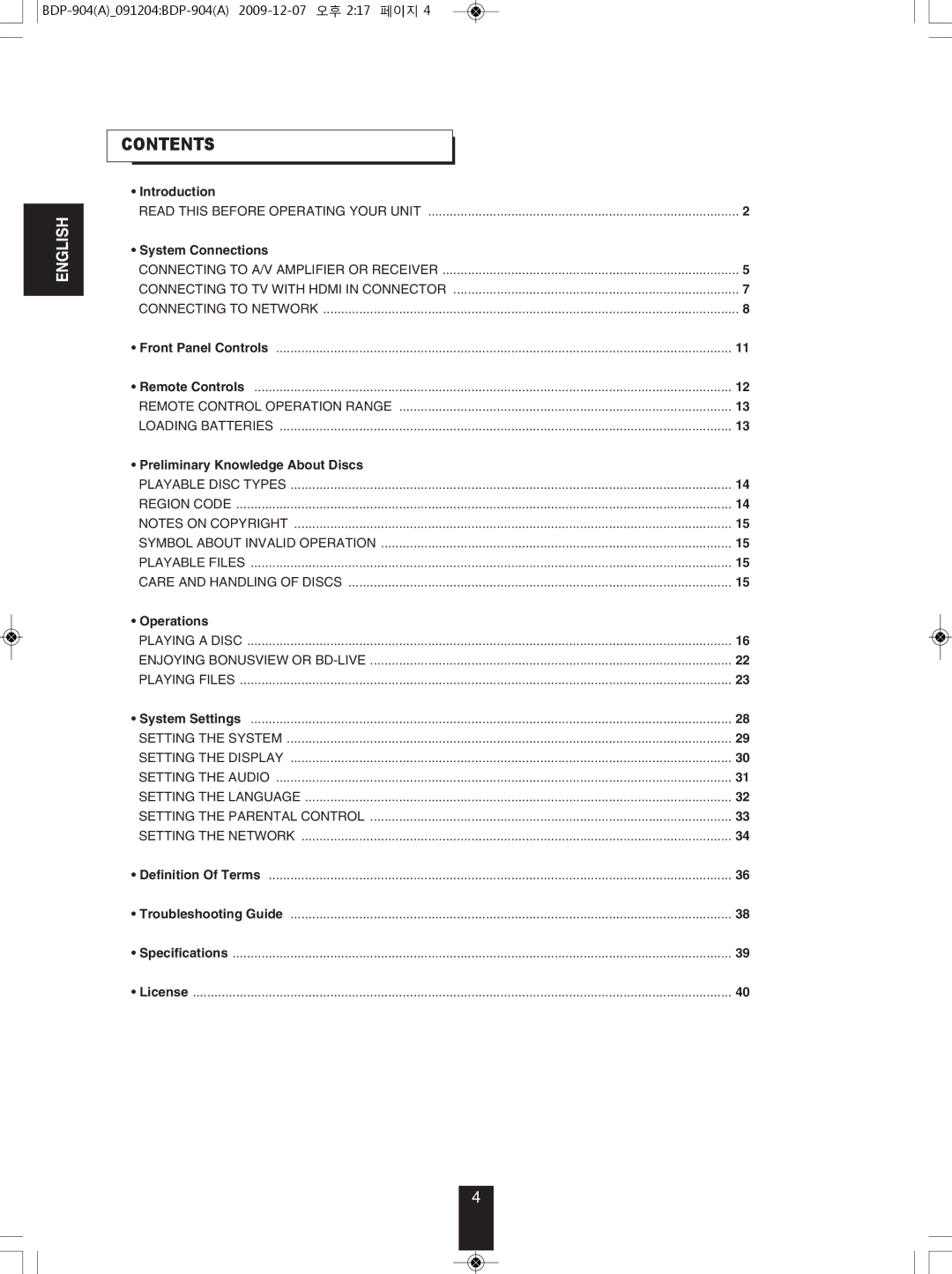 Sherwood BDP-904 manual Contents 