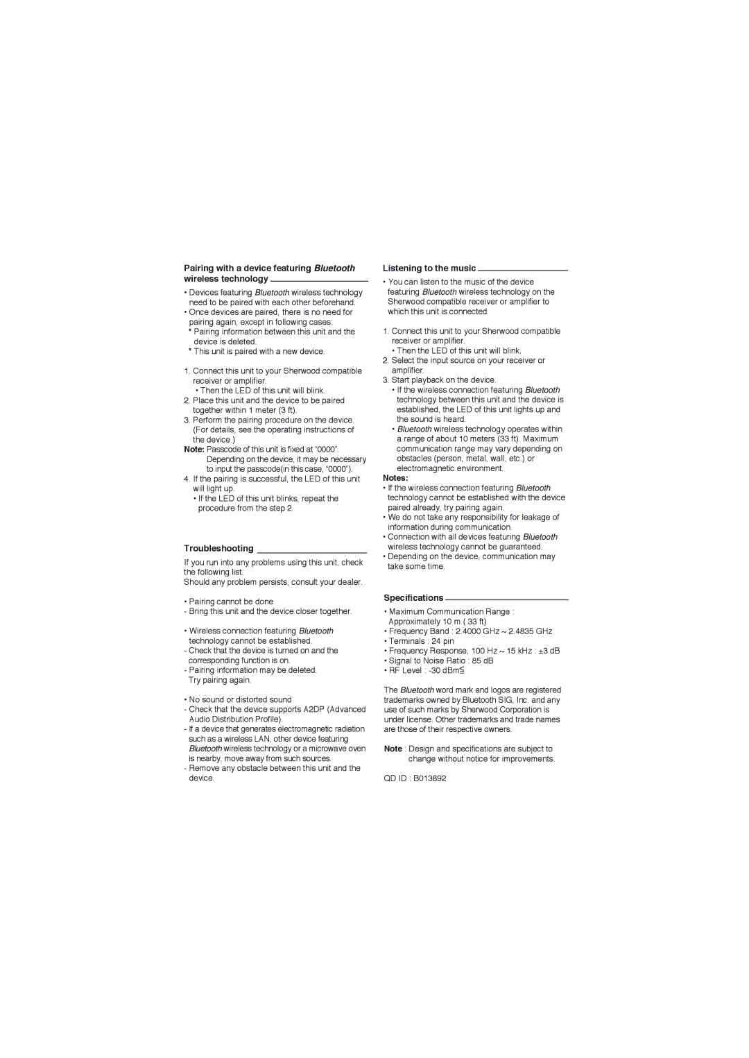 Sherwood BT-R7 user service Troubleshooting, Listening to the music, Specifications 