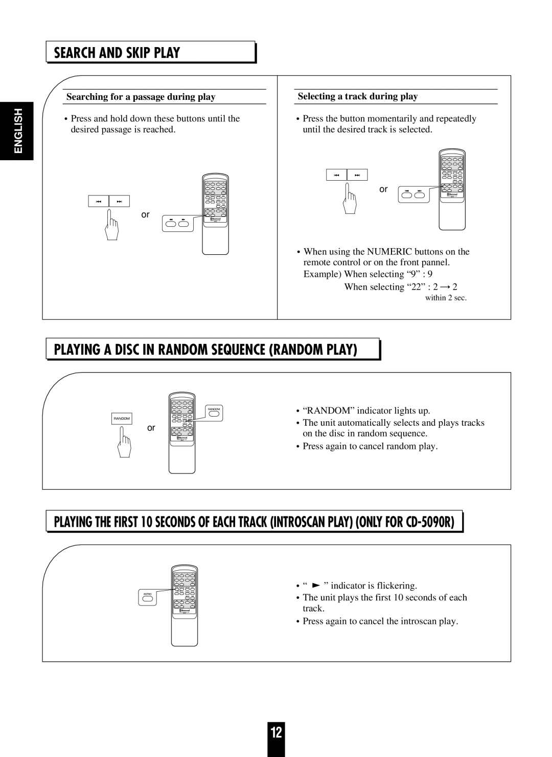Sherwood CD-5090C/R Search and Skip Play, Playing a Disc in Random Sequence Random Play, Selecting a track during play 