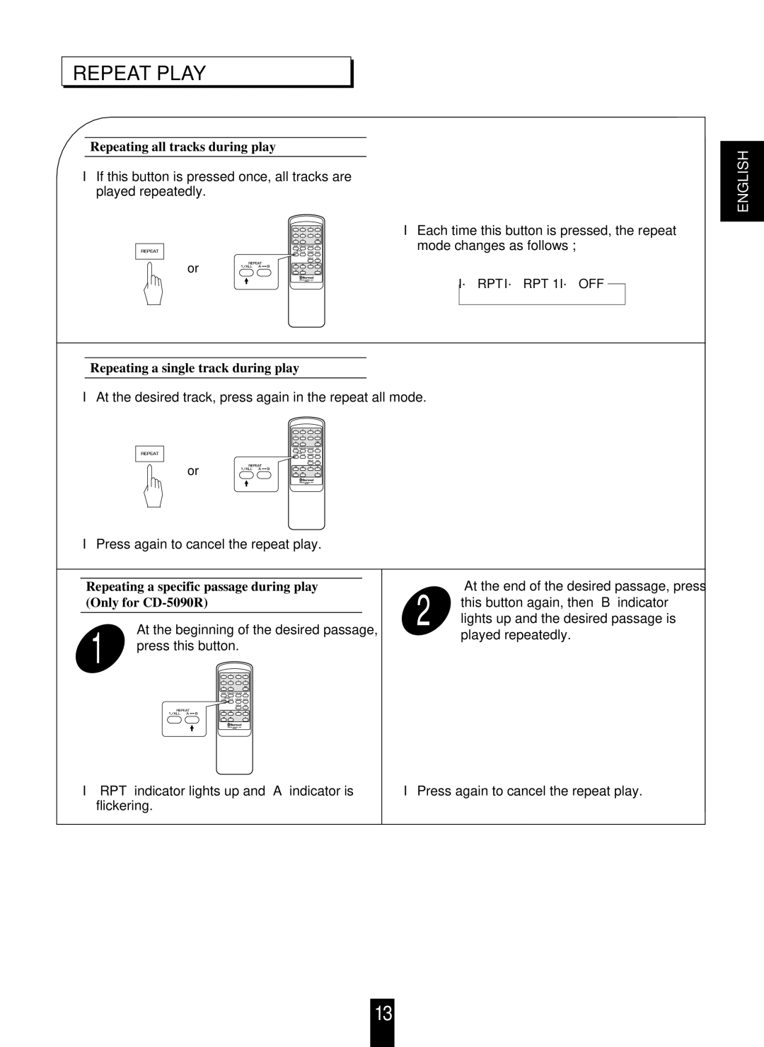 Sherwood CD-5090C/R Repeat Play, Repeating all tracks during play, Repeating a single track during play, Only for CD-5090R 