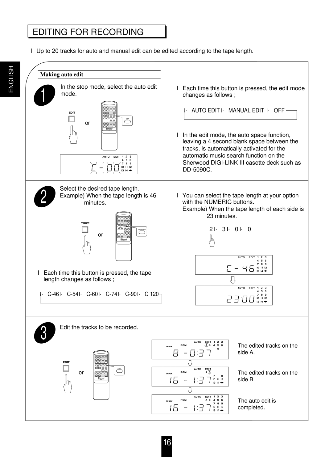 Sherwood CD-5090C/R operating instructions Editing for Recording, Making auto edit 