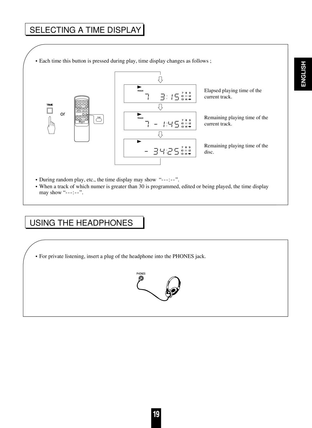 Sherwood CD-5090C/R operating instructions Selecting a Time Display, Using the Headphones 