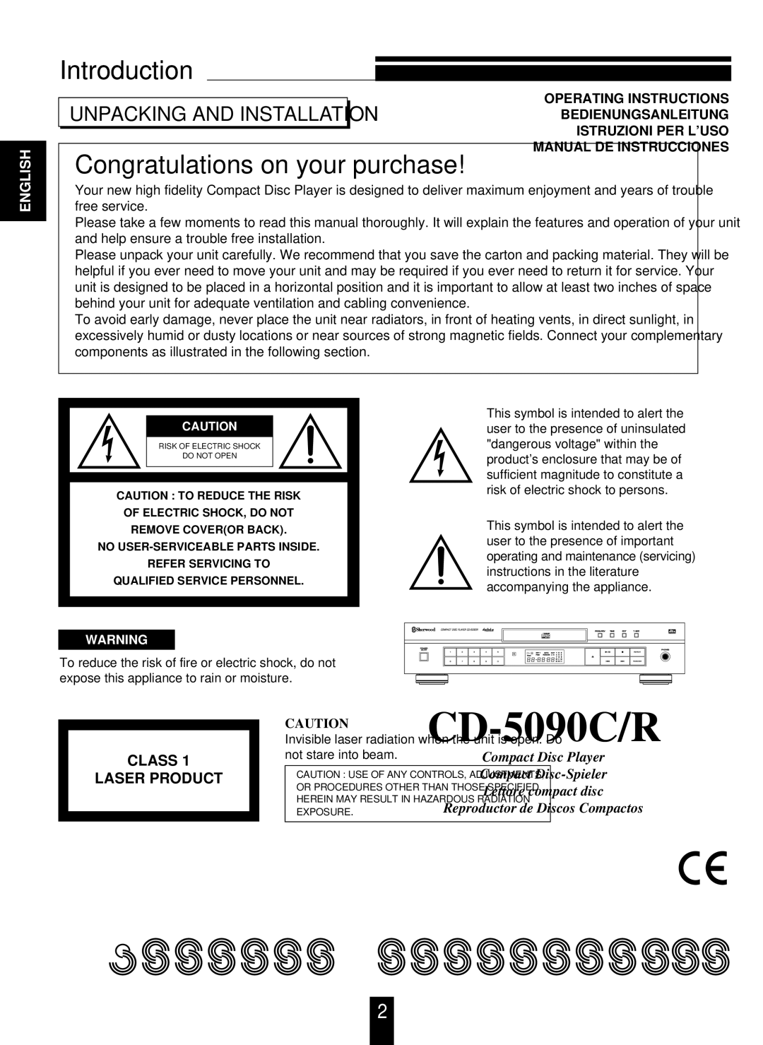 Sherwood CD-5090C/R operating instructions Congratulations on your purchase, Unpacking and Installation 