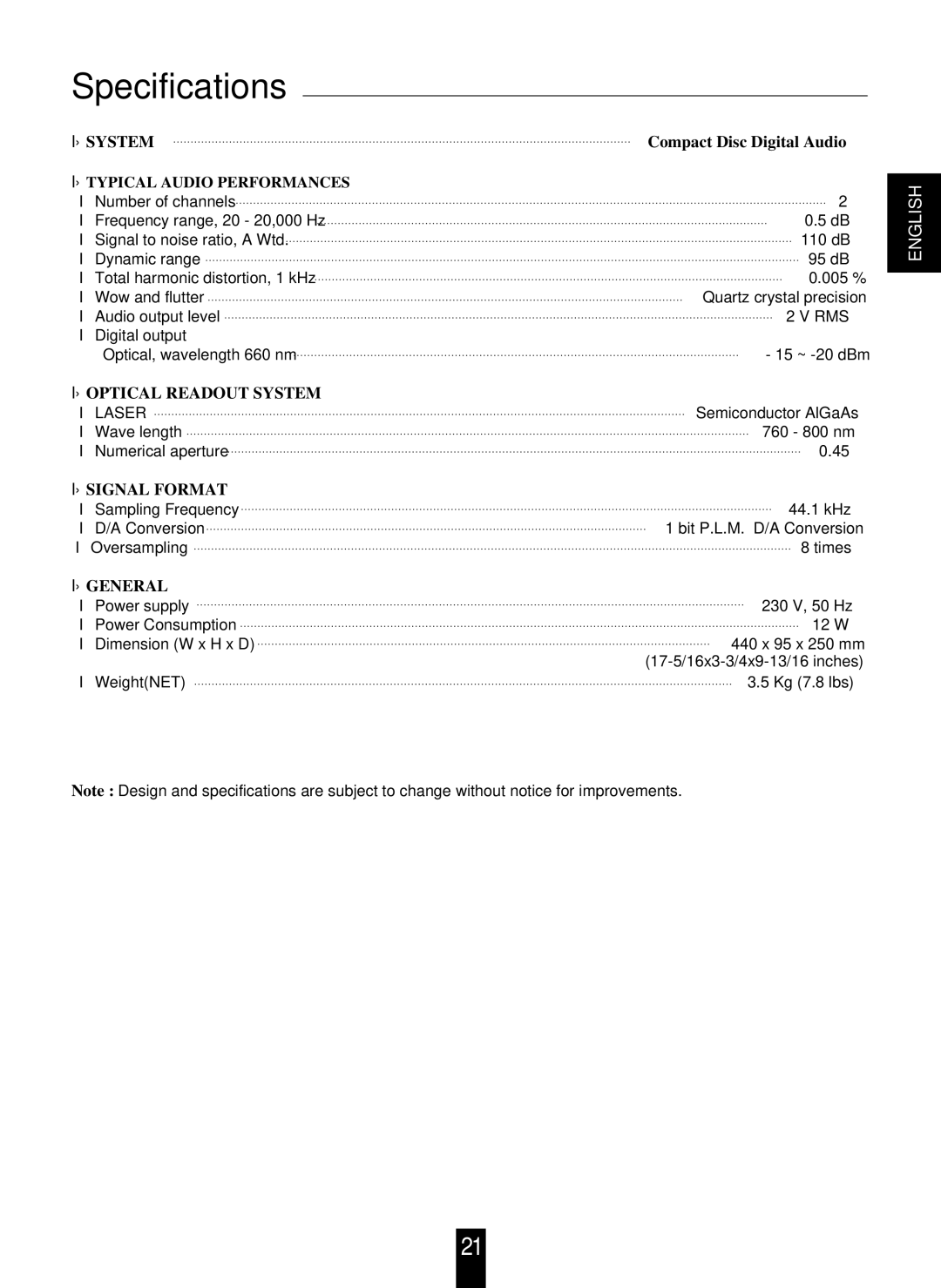 Sherwood CD-5090C/R operating instructions Specifications, Optical Readout System, Signal Format, General 