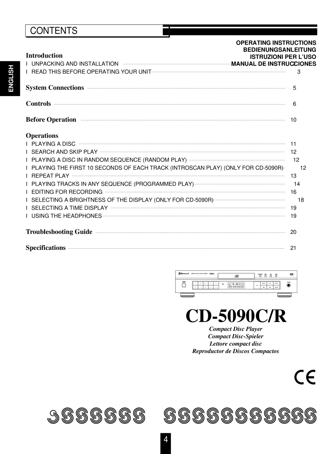 Sherwood CD-5090C/R operating instructions Contents 