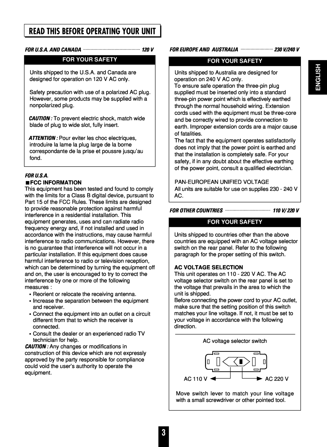 Sherwood CD-5090C/R Read This Before Operating Your Unit, For Your Safety, English, For U.S.A. And Canada, Fcc Information 