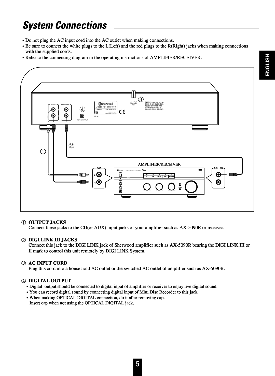 Sherwood CD-5090C/R System Connections, Output Jacks, Digi Link Iii Jacks, Ac Input Cord, Digital Output, English 