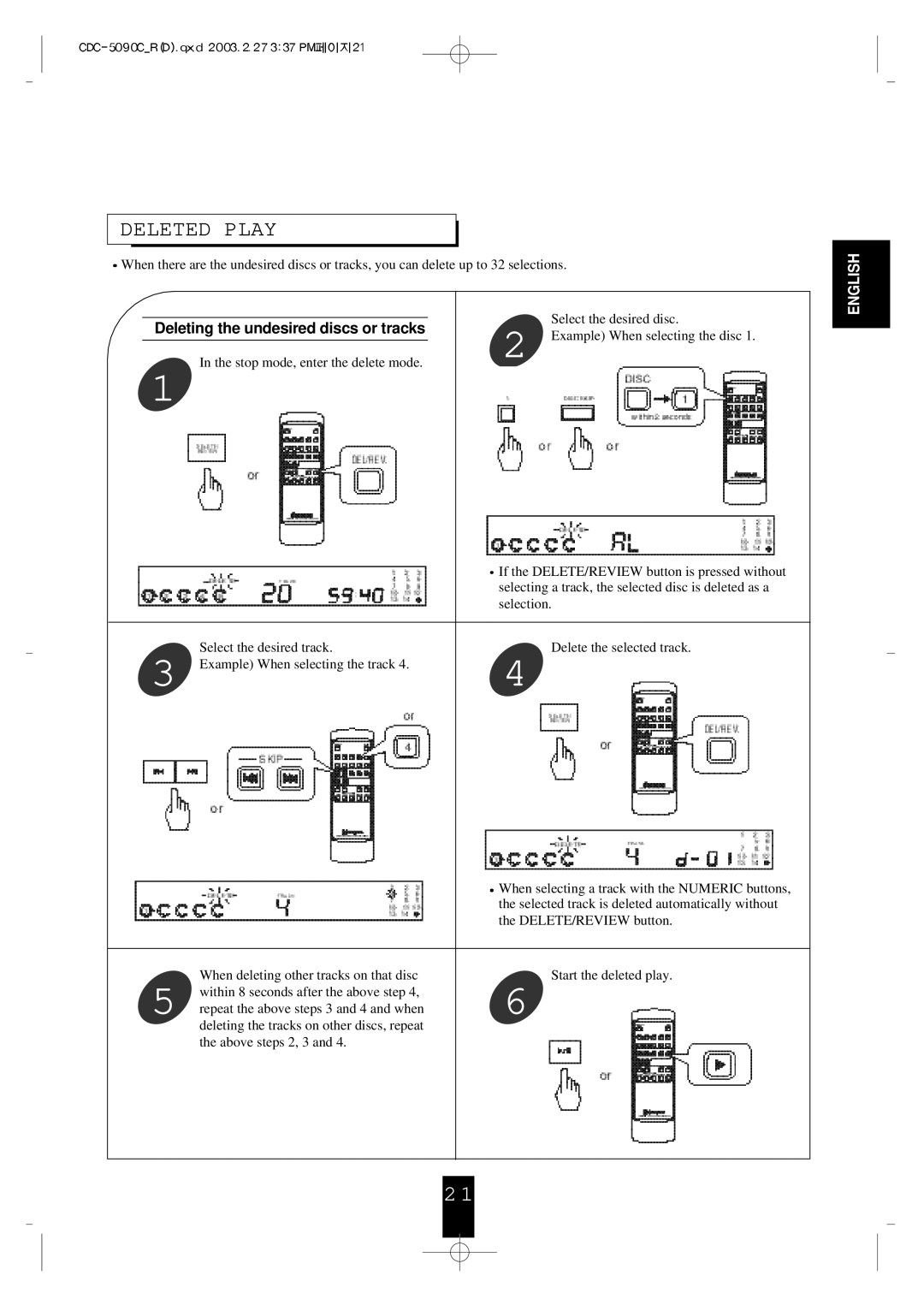 Sherwood CDC-5090R, CDC-5090C manual Deleted Play, Deleting the undesired discs or tracks 