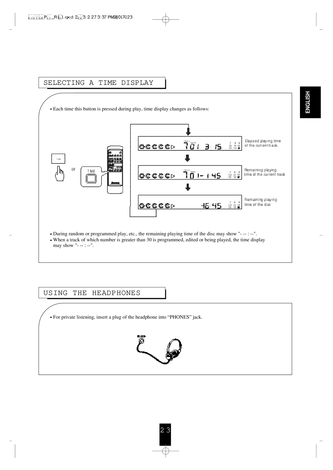 Sherwood CDC-5090R, CDC-5090C manual Selecting a Time Display, Using the Headphones 