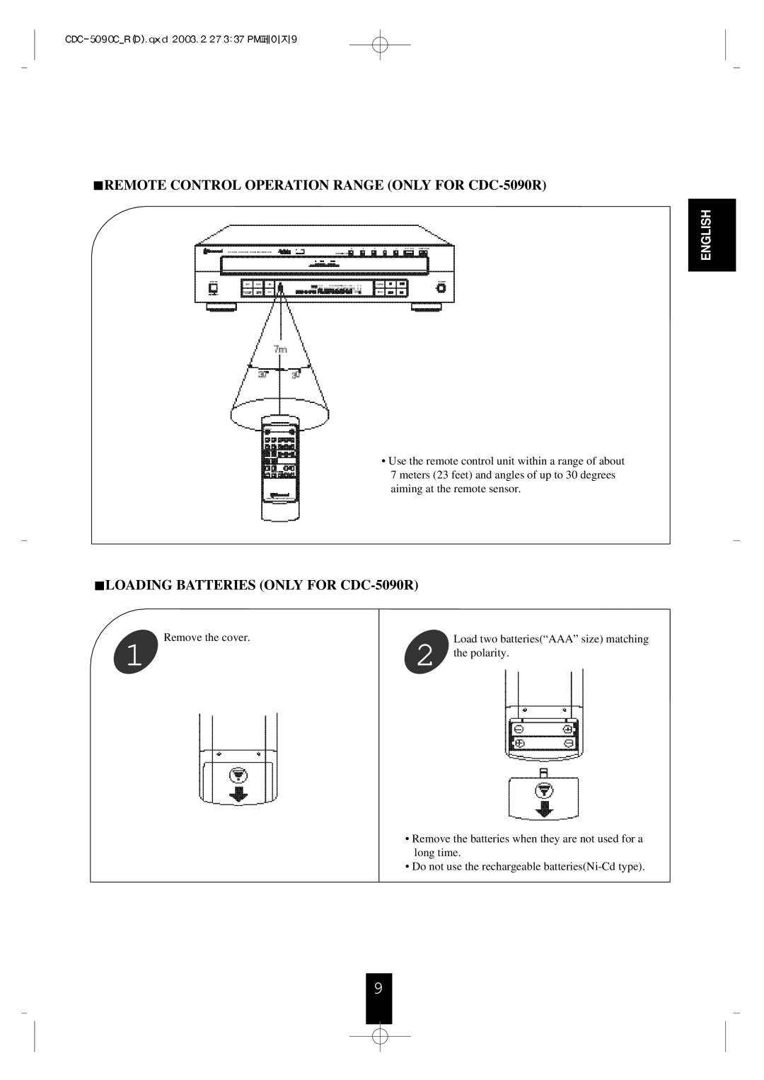 Sherwood CDC-5090C manual Remote Control Operation Range only for CDC-5090R 