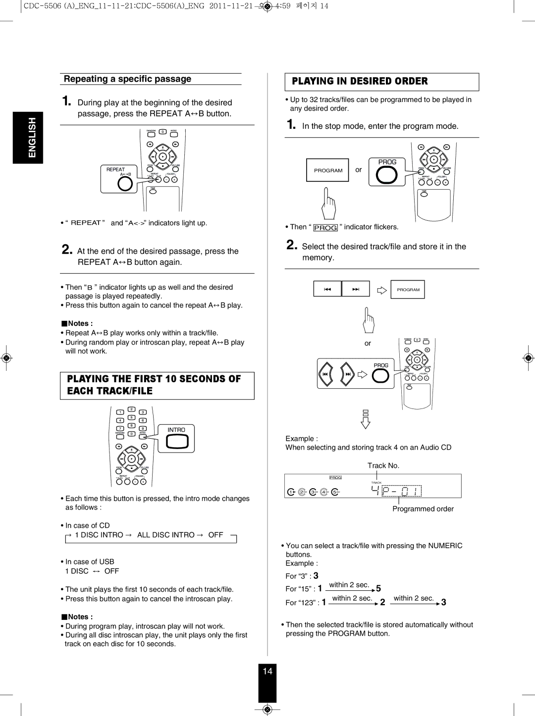 Sherwood CDC-5506 Playing in Desired Order, Repeating a specific passage, Stop mode, enter the program mode 