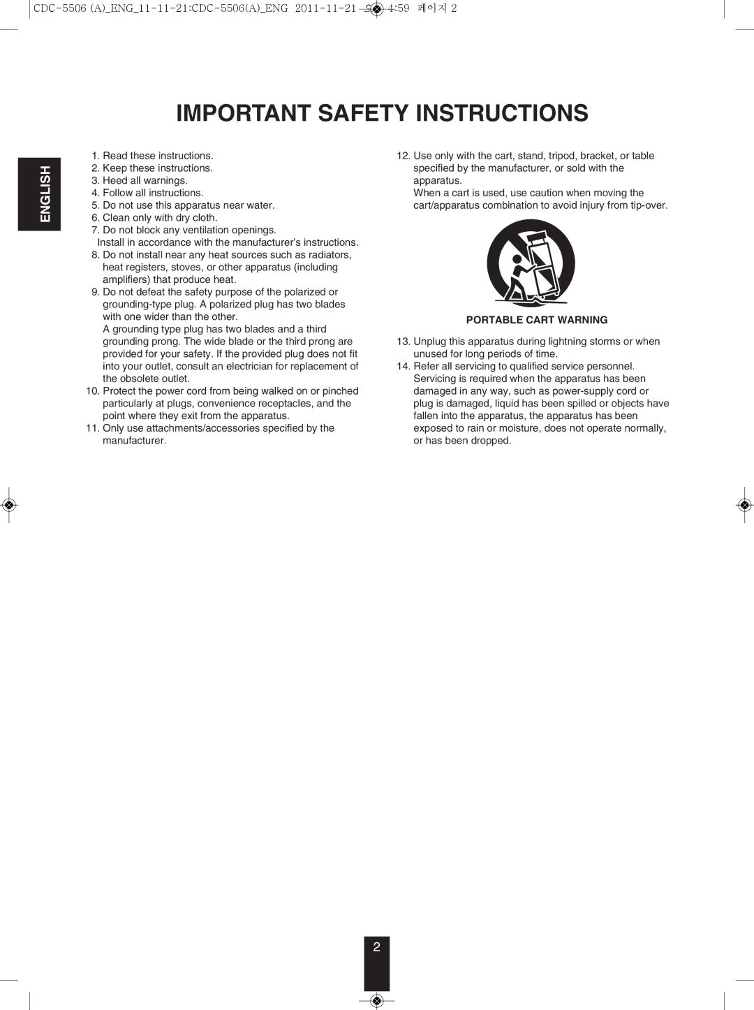 Sherwood CDC-5506 operating instructions Important Safety Instructions, Portable Cart Warning 