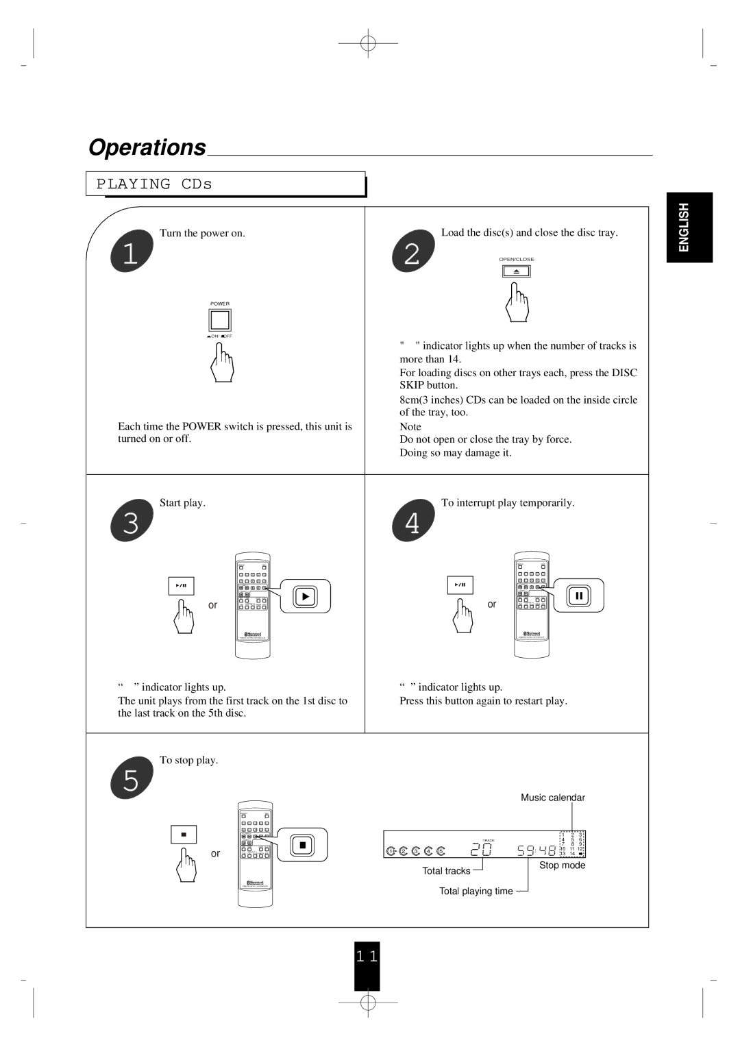 Sherwood CDC-690T operating instructions Operations, Turn the power on Load the discs and close the disc tray, To stop play 