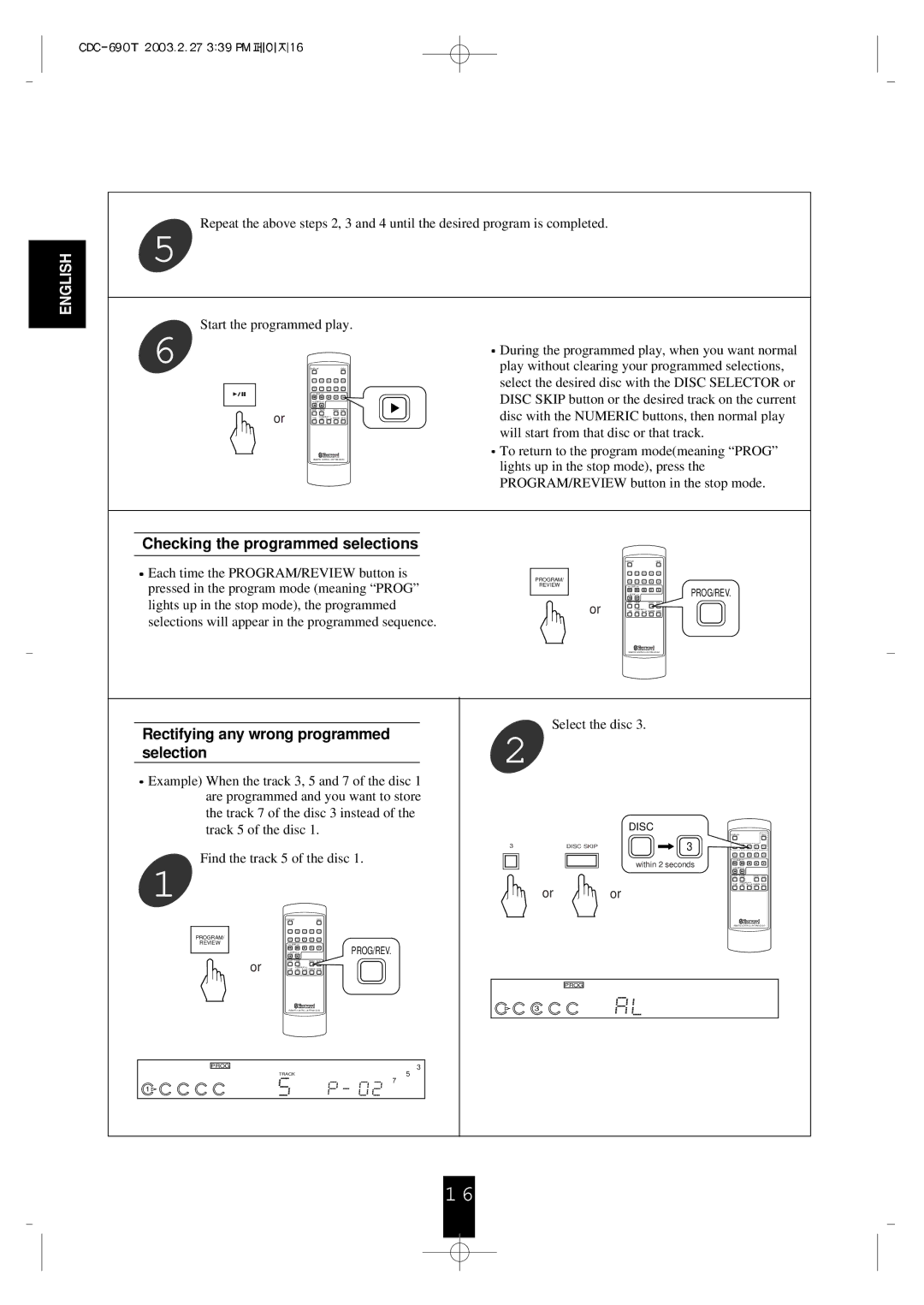 Sherwood CDC-690T operating instructions Checking the programmed selections, Rectifying any wrong programmed selection 