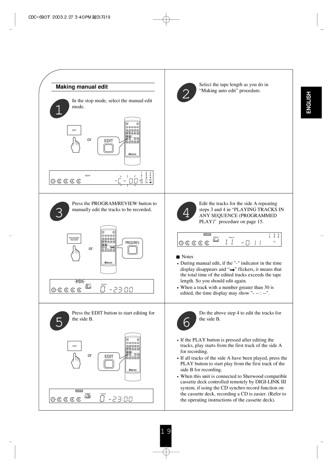 Sherwood CDC-690T operating instructions Making manual edit, Stop mode, select the manual edit Mode 