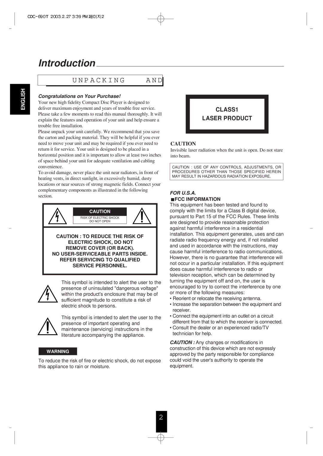 Sherwood CDC-690T operating instructions Introduction 