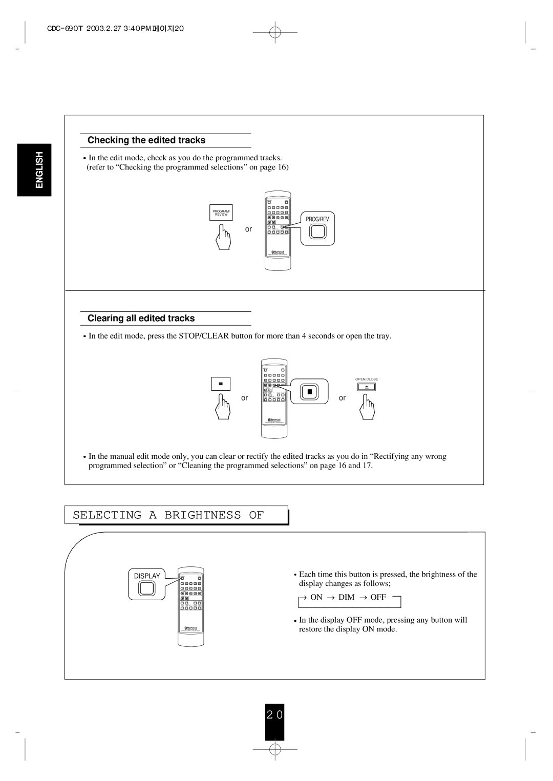 Sherwood CDC-690T operating instructions Selecting a Brightness, Checking the edited tracks, Clearing all edited tracks 
