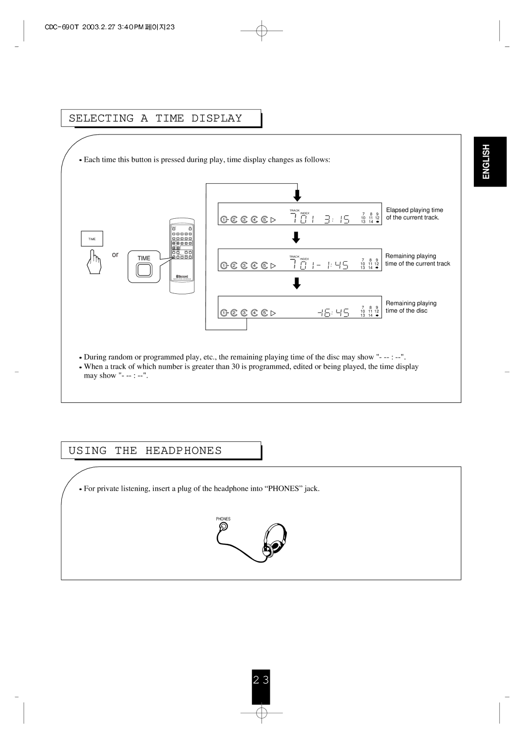 Sherwood CDC-690T operating instructions Selecting a Time Display, Using the Headphones 