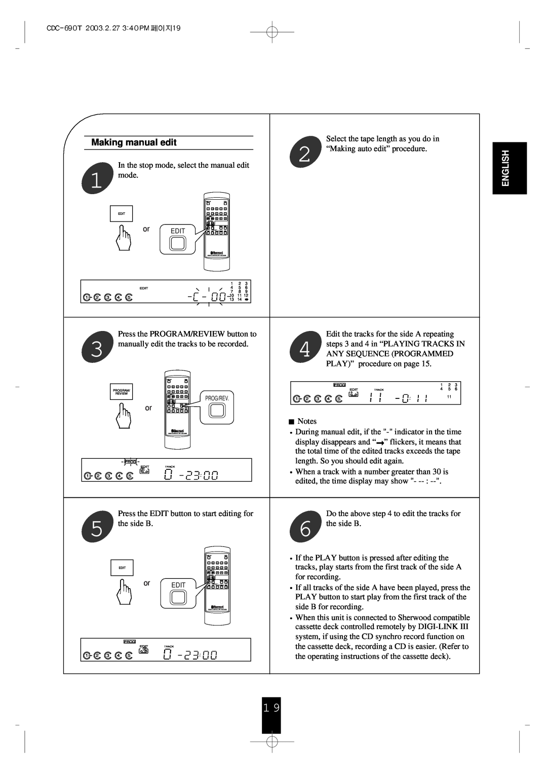 Sherwood CDC-690T operating instructions Making manual edit, English 
