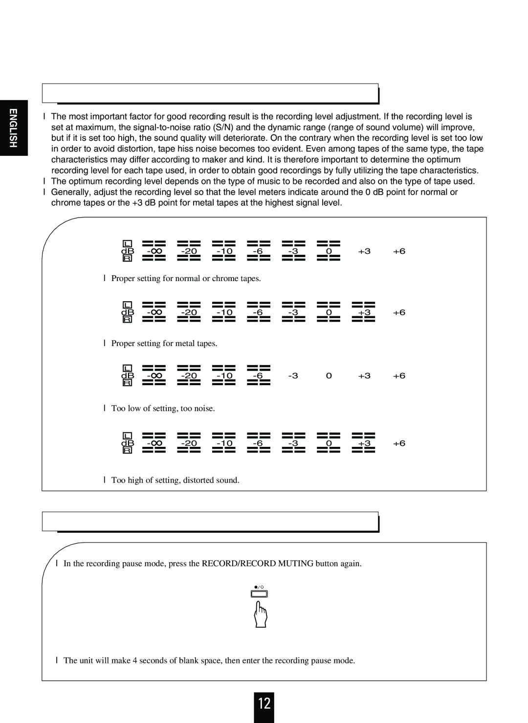 Sherwood D-480 operating instructions Recording Level Adjustment, Making a Blank Space 