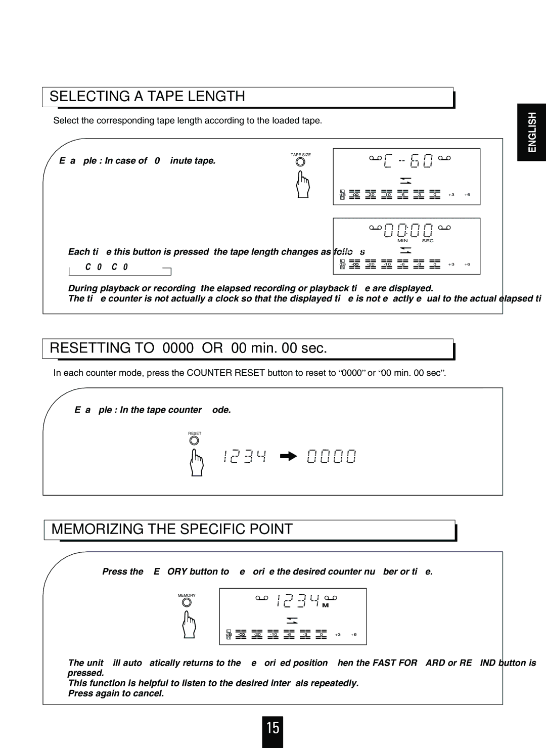 Sherwood D-480 operating instructions Selecting a Tape Length, Memorizing the Specific Point 