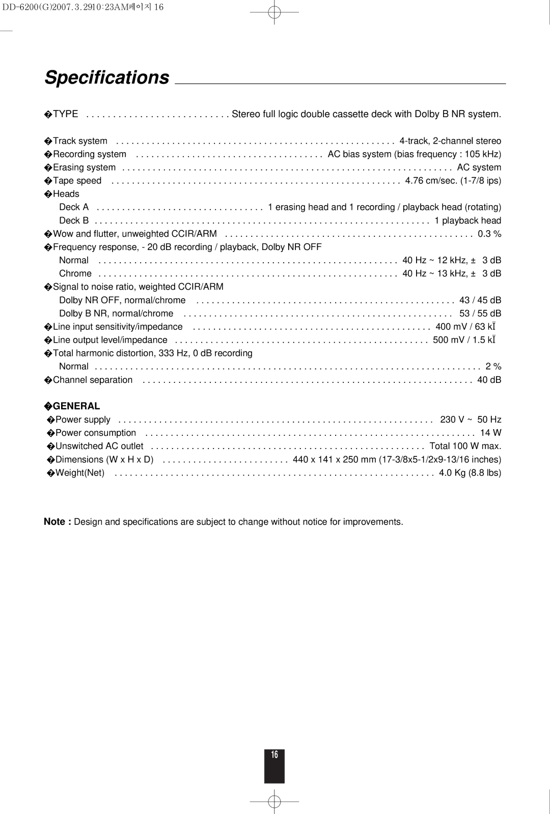 Sherwood DD-6200 manual Specifications, General 