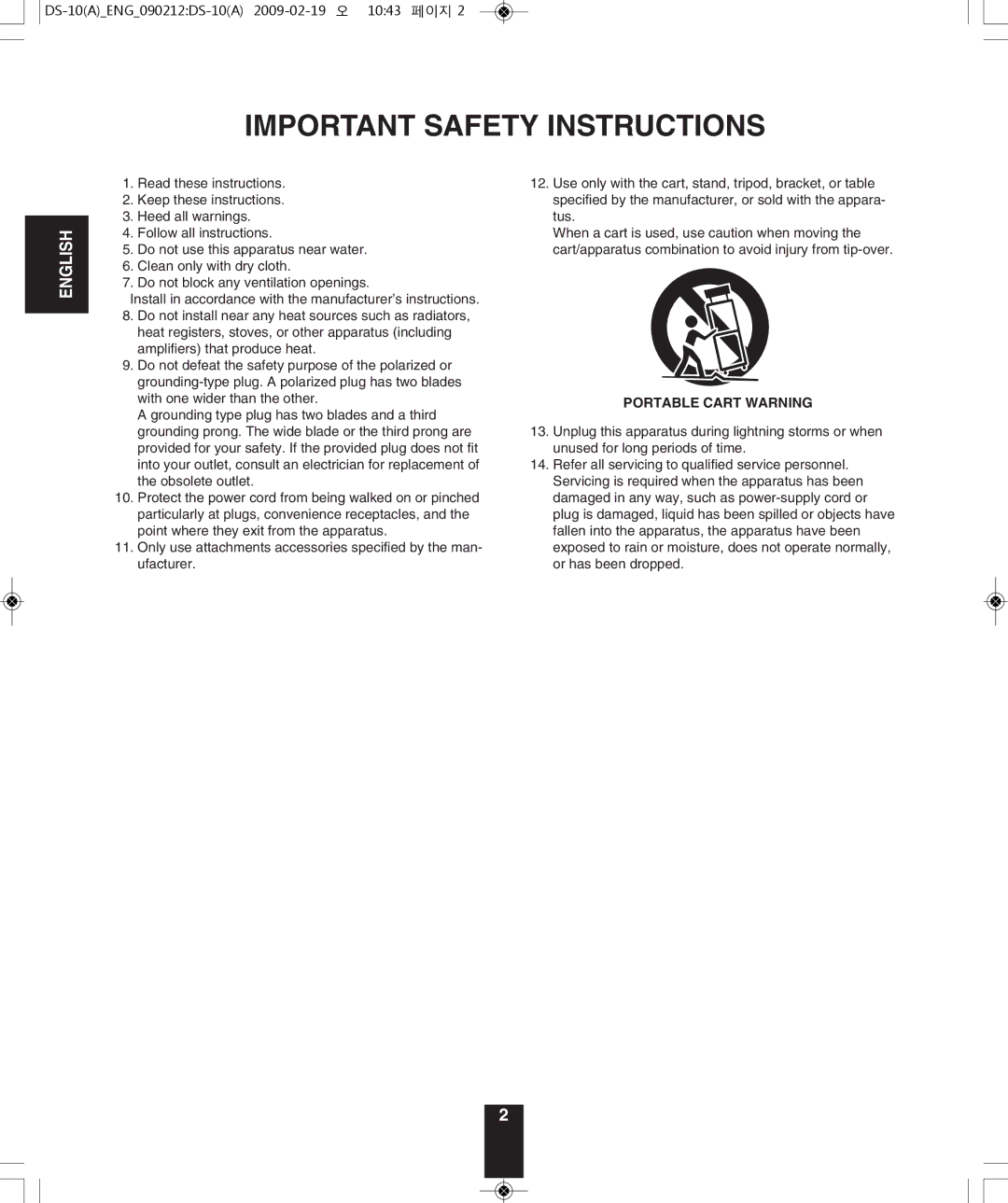 Sherwood DS-10 manual Important Safety Instructions 