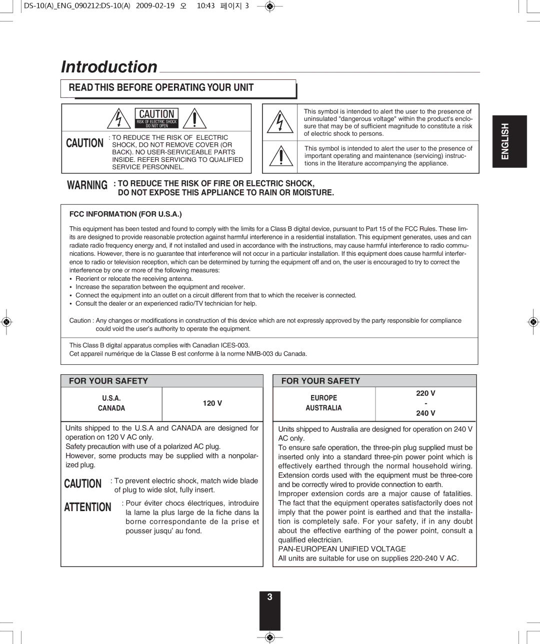 Sherwood DS-10 manual Introduction, Read this Before Operating Your Unit, 220 120, 240 