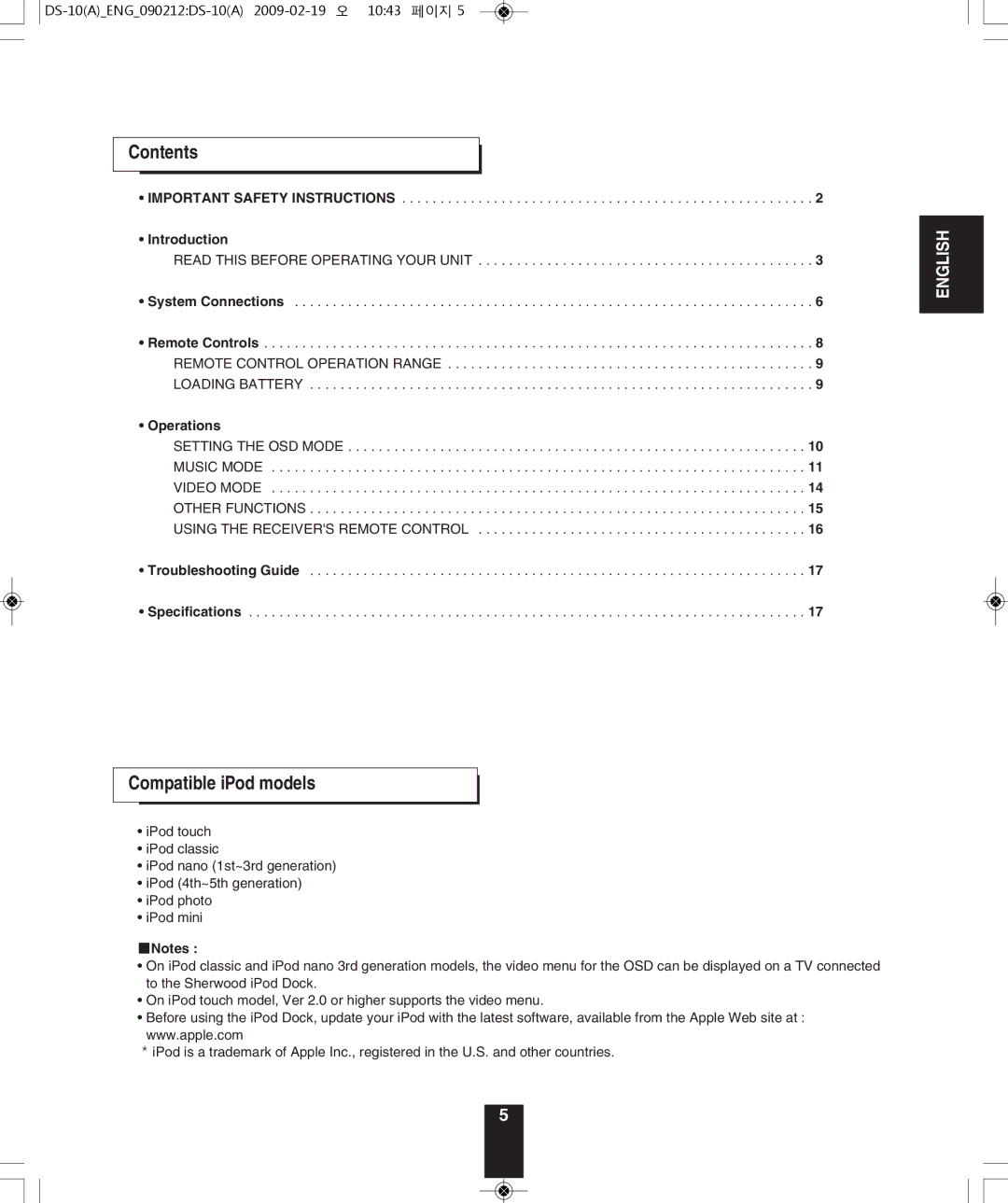 Sherwood DS-10 manual Contents 