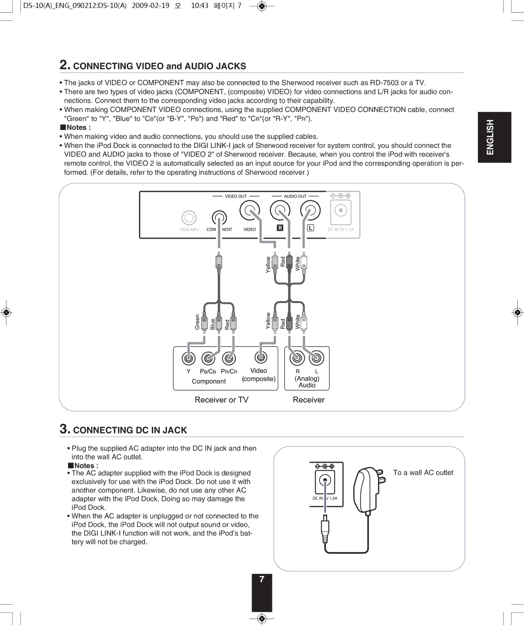 Sherwood DS-10 manual Connecting Video and Audio Jacks, Connecting DC in Jack 