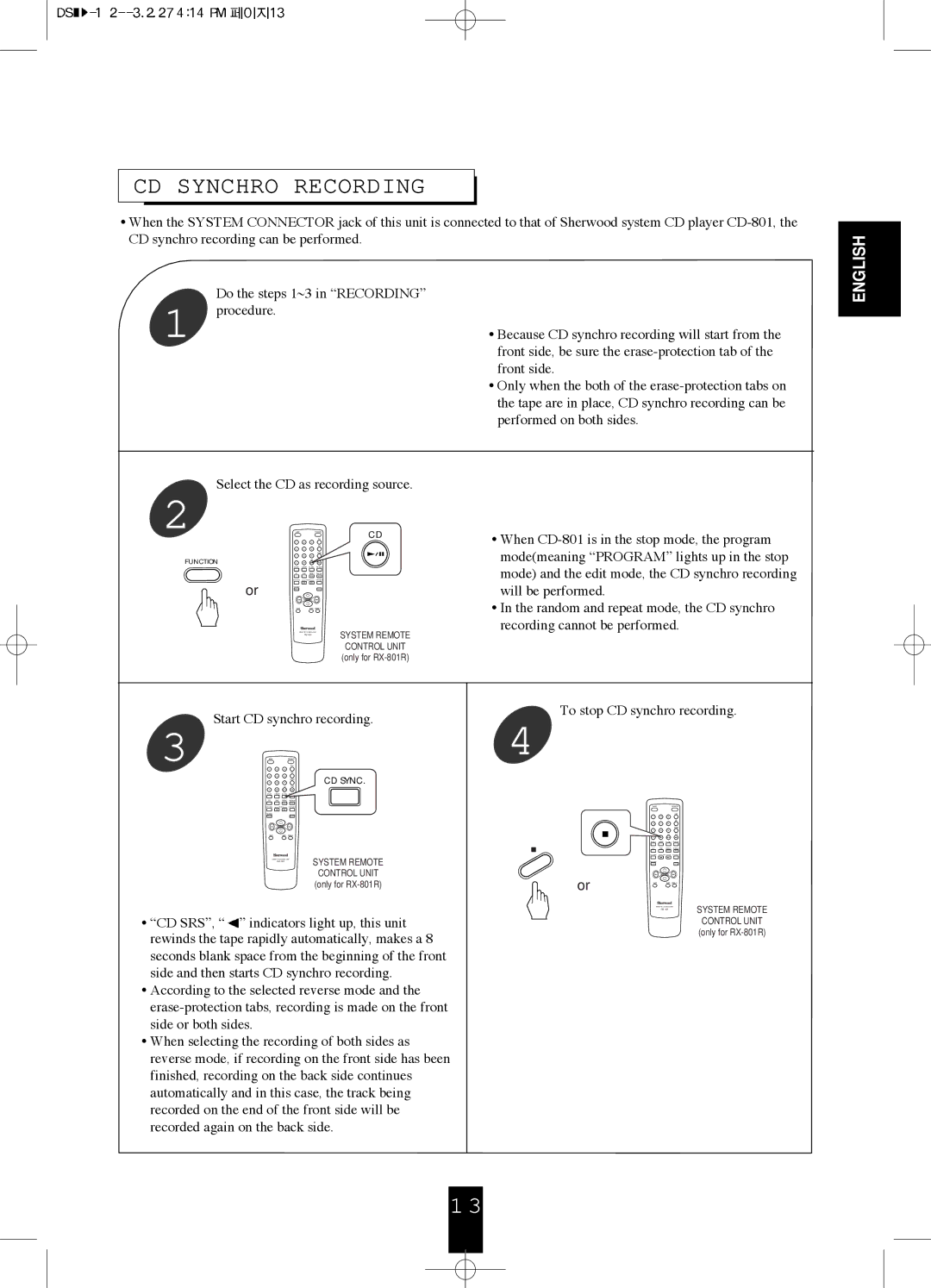 Sherwood DS-801 manual CD Synchro Recording 