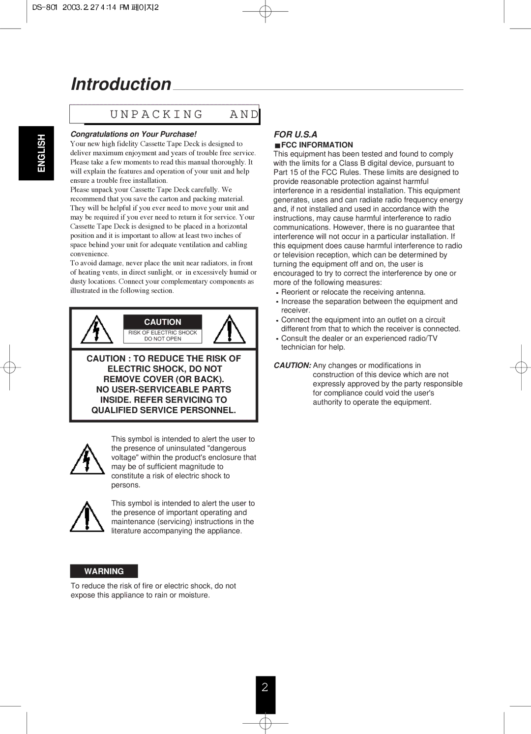 Sherwood DS-801 manual Introduction 