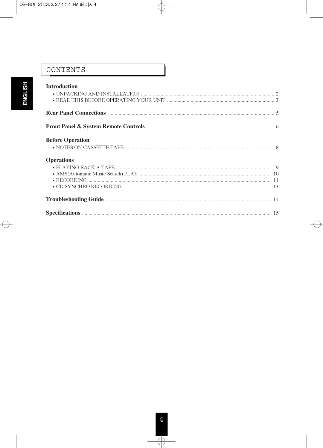 Sherwood DS-801 manual Contents 