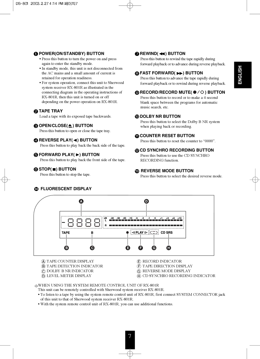 Sherwood DS-801 manual Tape Tray 