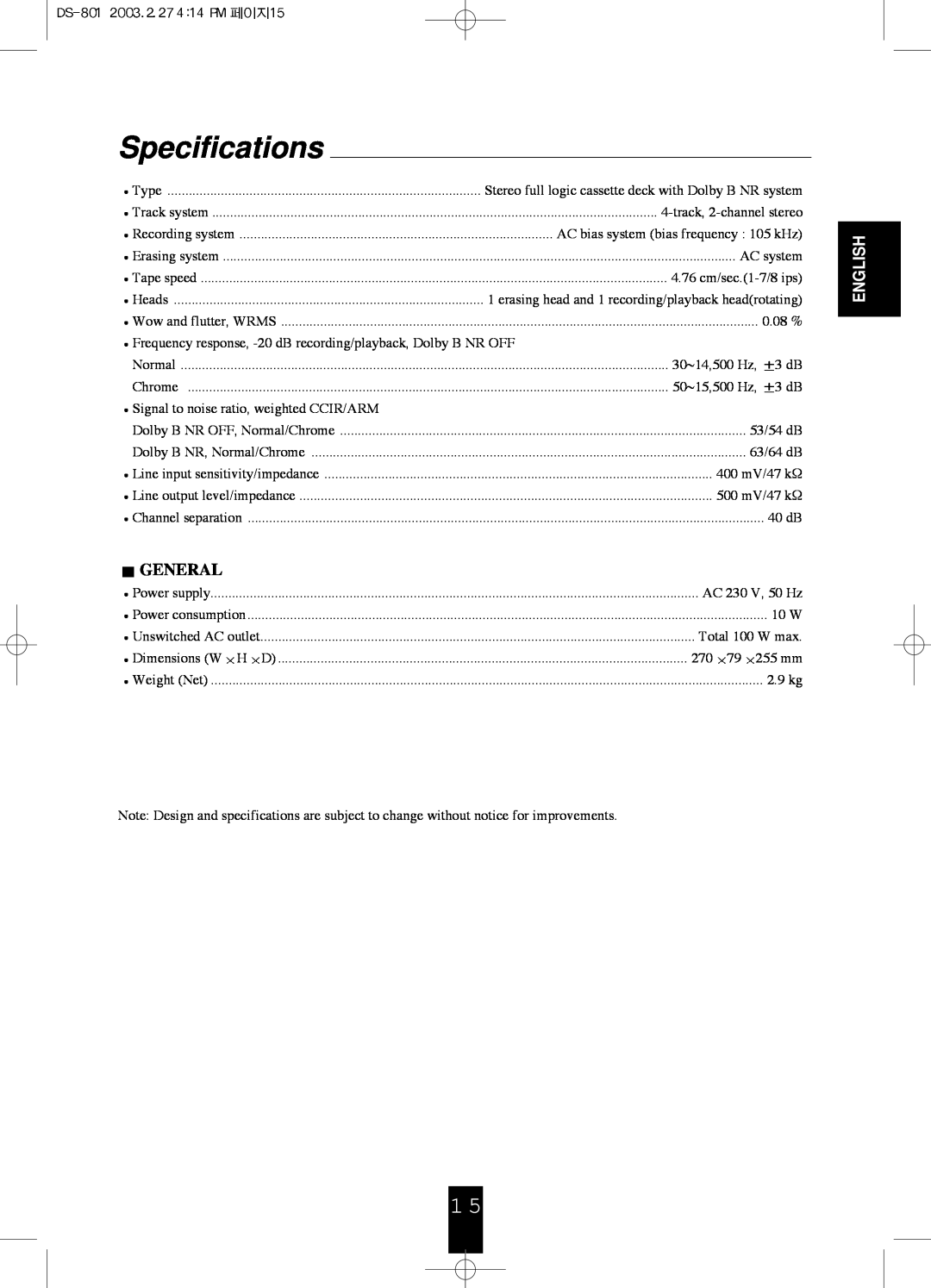 Sherwood DS-801 manual Specifications, General, English 