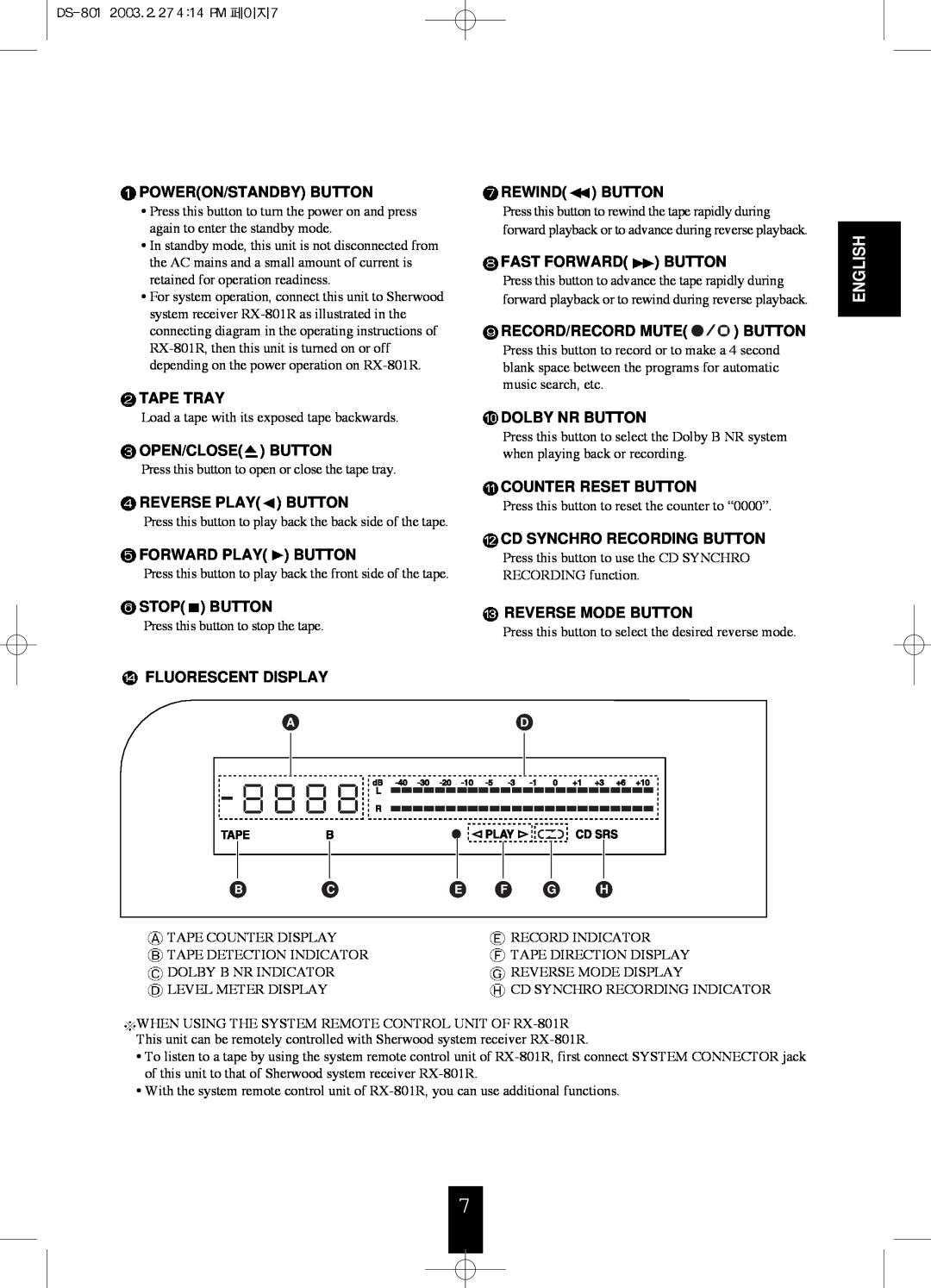 Sherwood DS-801 manual Poweron/Standby Button, English 