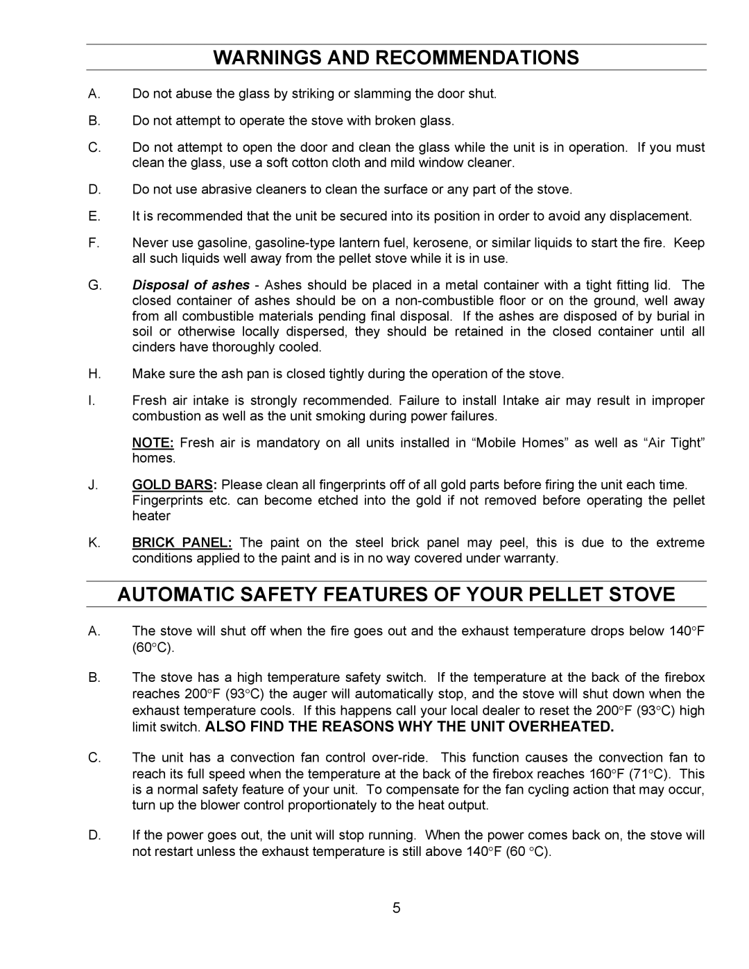 Sherwood EF-3 BAYI technical manual Automatic Safety Features of Your Pellet Stove 