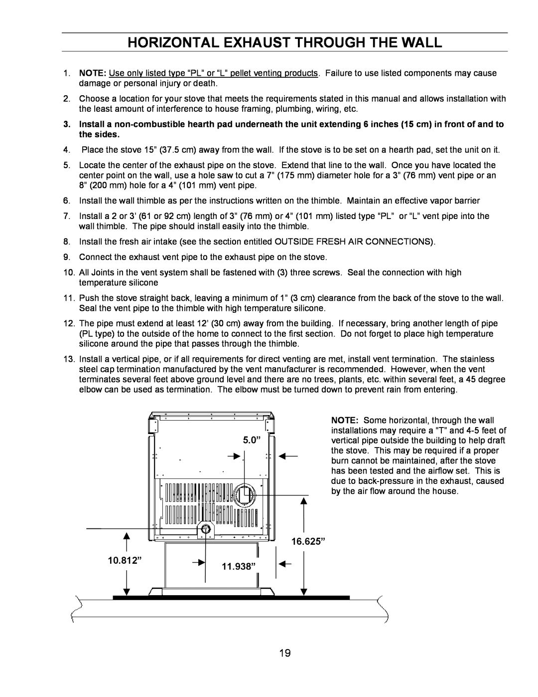 Sherwood EF-3 BAYI technical manual Horizontal Exhaust Through The Wall, 16.625” 10.812”11.938” 