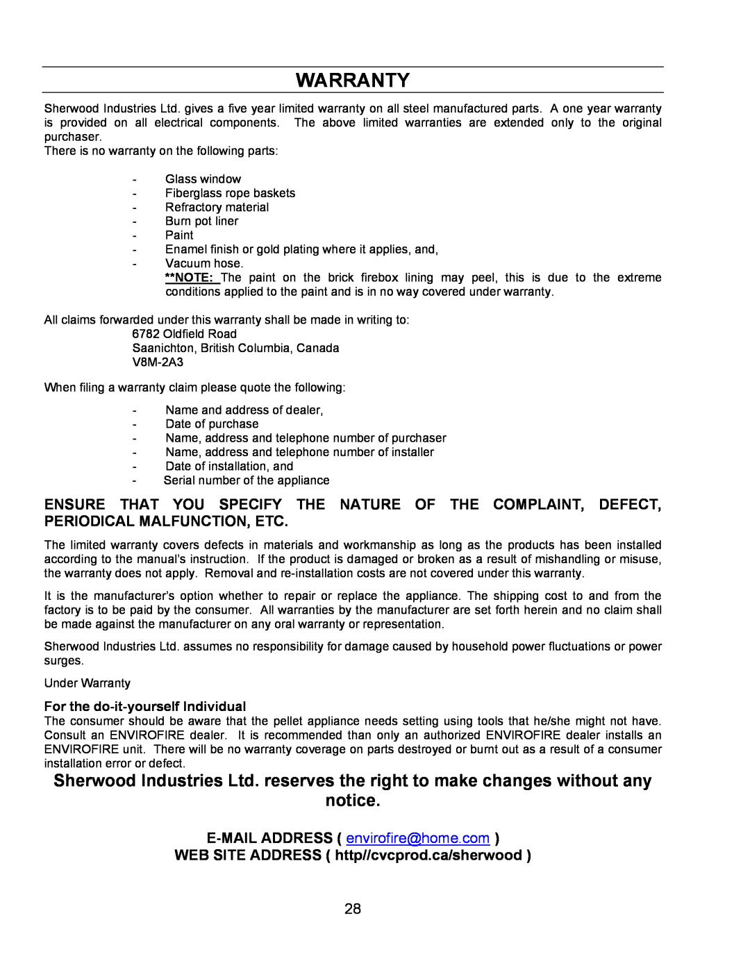 Sherwood EF-3 BAYI technical manual Warranty, WEB SITE ADDRESS http//cvcprod.ca/sherwood, For the do-it-yourselfIndividual 