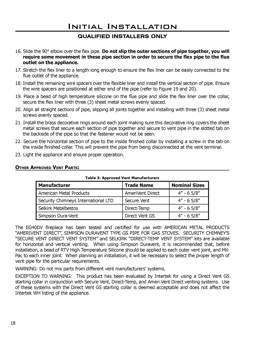 Sherwood EG40 DV owner manual Manufacturer Trade Name Nominal Sizes 