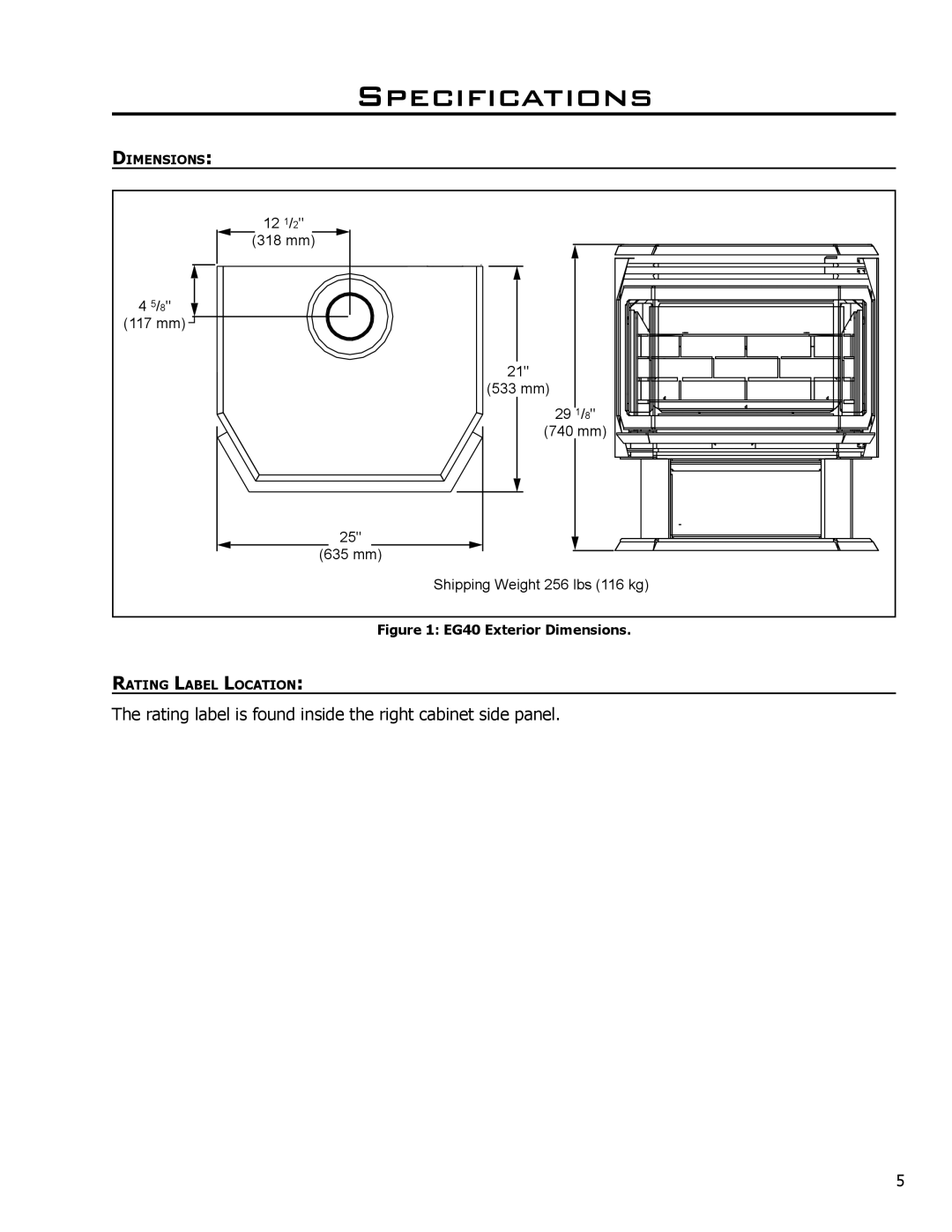 Sherwood EG40 DV owner manual Specifications, EG40 Exterior Dimensions 