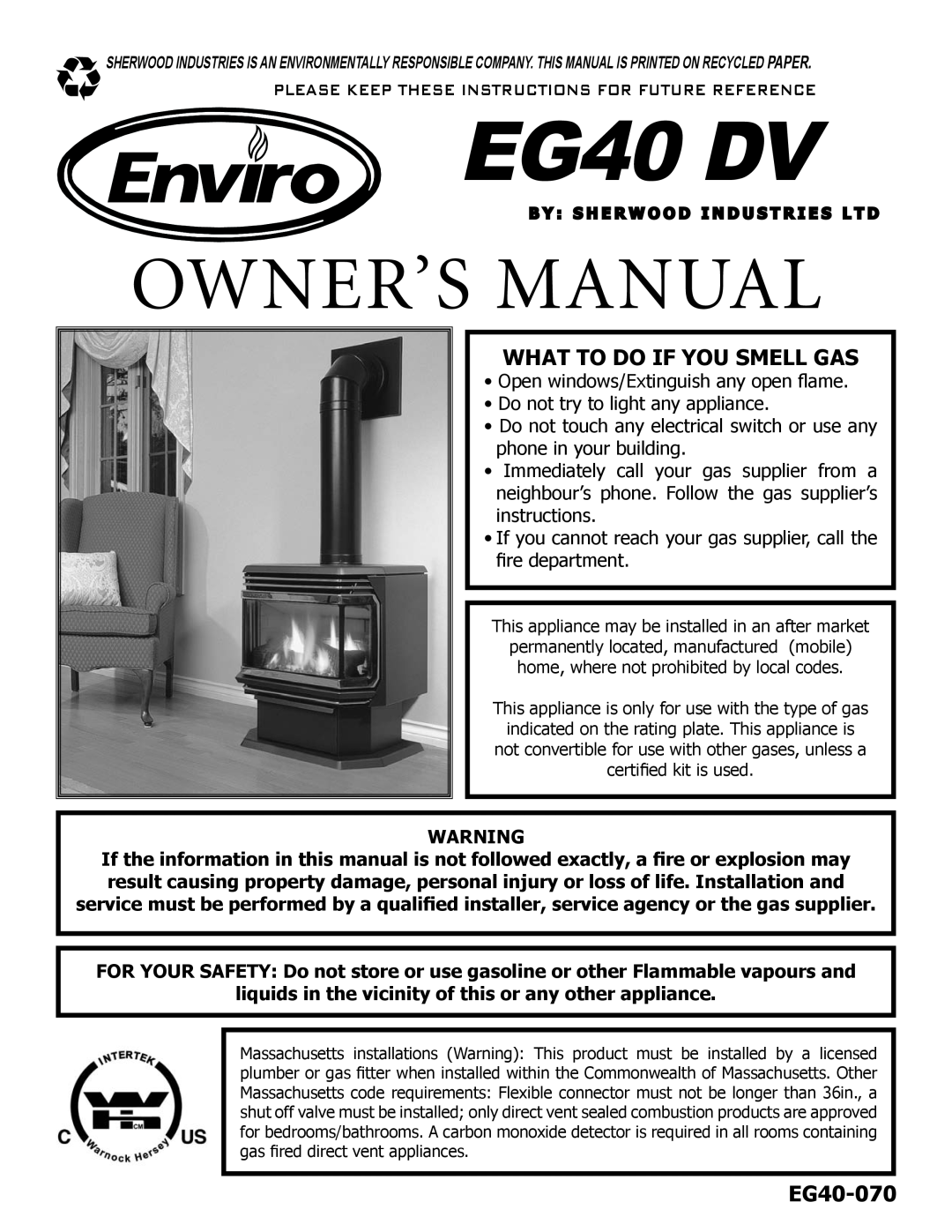 Sherwood EG40 DV owner manual What To Do If You Smell Gas, EG40-070 